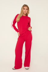 Red Contrast Stripe Round Neck Long Sleeves Top & Straight Leg Trousers Co-ord Set - Ursula