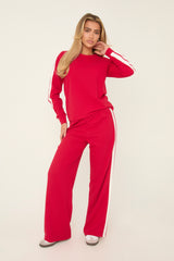 Red Contrast Stripe Round Neck Long Sleeves Top & Straight Leg Trousers Co-ord Set - Ursula