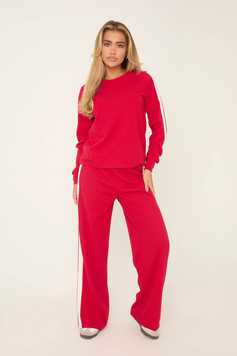Red Contrast Stripe Round Neck Long Sleeves Top & Straight Leg Trousers Co-ord Set - Ursula
