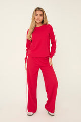 Red Contrast Stripe Round Neck Long Sleeves Top & Straight Leg Trousers Co-ord Set - Ursula