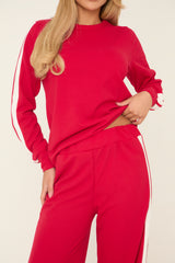 Red Contrast Stripe Round Neck Long Sleeves Top & Straight Leg Trousers Co-ord Set - Ursula
