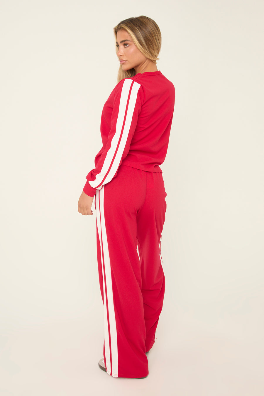Red Contrast Stripe Round Neck Long Sleeves Top & Straight Leg Trousers Co-ord Set - Ursula