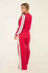 Red Contrast Stripe Round Neck Long Sleeves Top & Straight Leg Trousers Co-ord Set - Ursula