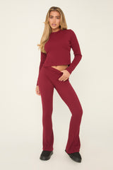 Burgundy Round Neck Oversized Long Sleeves Top & Kick Flare Trousers Co-ord Set - Blanche