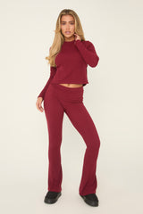Burgundy Round Neck Oversized Long Sleeves Top & Kick Flare Trousers Co-ord Set - Blanche