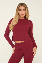 Burgundy Round Neck Oversized Long Sleeves Top & Kick Flare Trousers Co-ord Set - Blanche