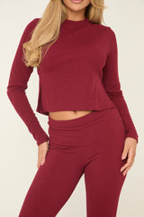 Burgundy Round Neck Oversized Long Sleeves Top & Kick Flare Trousers Co-ord Set - Blanche