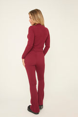 Burgundy Round Neck Oversized Long Sleeves Top & Kick Flare Trousers Co-ord Set - Blanche