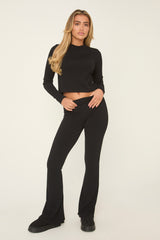 Black Round Neck Oversized Long Sleeves Top & Kick Flare Trousers Co-ord Set - Blanche