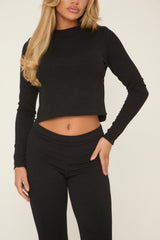 Black Round Neck Oversized Long Sleeves Top & Kick Flare Trousers Co-ord Set - Blanche