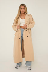 Beige Double Breasted Tie Sleeve Longline Oversized Trench Coat - Annmarie