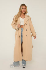 Beige Double Breasted Tie Sleeve Longline Oversized Trench Coat - Annmarie