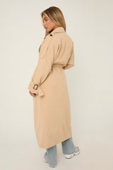 Beige Double Breasted Tie Sleeve Longline Oversized Trench Coat - Annmarie
