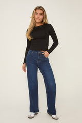 Dark Blue Stretch Wide Leg Denim Jeans - Lajoy