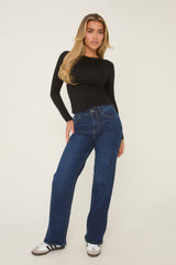 Dark Blue Stretch Wide Leg Denim Jeans - Lajoy