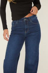 Dark Blue Stretch Wide Leg Denim Jeans - Lajoy