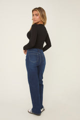 Dark Blue Stretch Wide Leg Denim Jeans - Lajoy