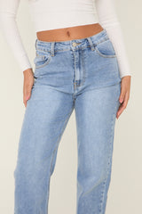 Mid Blue Washed Stretch Mid Waist Straight Leg Frayed Hem Denim Jeans - Venus