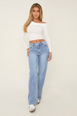 Mid Blue Washed Stretch Mid Waist Straight Leg Frayed Hem Denim Jeans - Venus