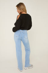 Light Blue Stretch Mid Waist Straight Leg Frayed Hem Denim Jeans - Venus