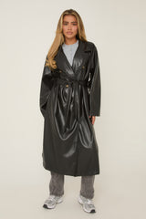 Black Faux Leather Double Breasted Oversized Longline Trench Coat - Ethel