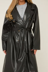 Black Faux Leather Double Breasted Oversized Longline Trench Coat - Ethel