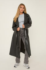 Black Faux Leather Double Breasted Oversized Longline Trench Coat - Ethel