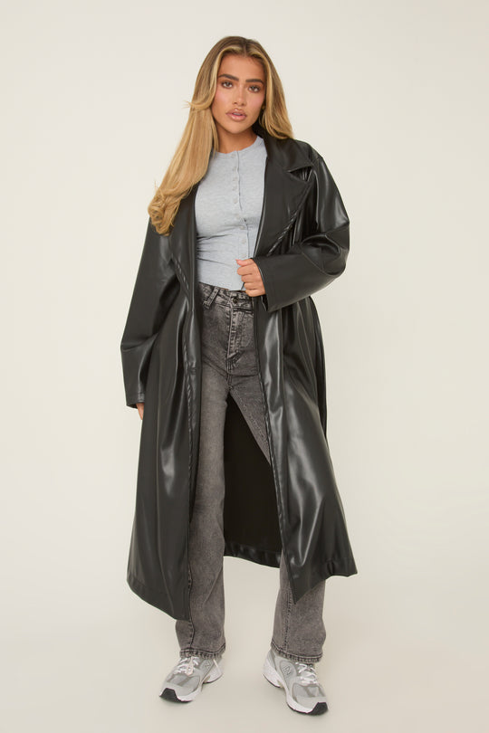 Black Faux Leather Double Breasted Oversized Longline Trench Coat - Ethel