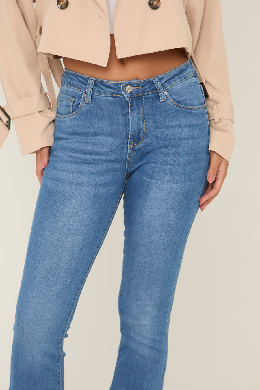 Bright Blue Stretch Mid Waist Kick Flare Denim Jeans - Aspen