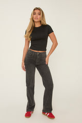 Dark Grey Stretch Mid Waist Straight Leg Denim Jeans - Lorella