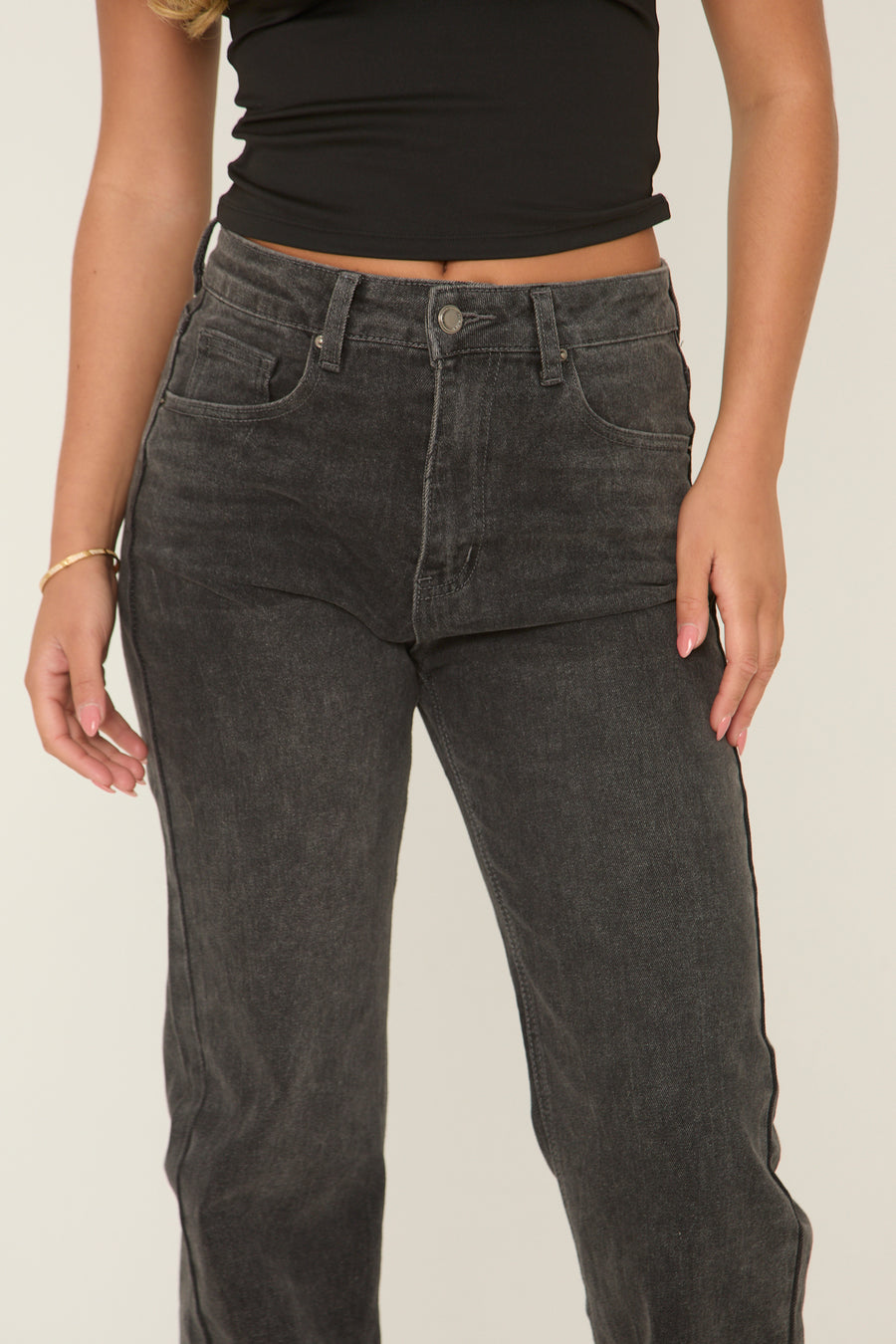 Dark Grey Stretch Mid Waist Straight Leg Denim Jeans - Lorella