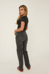 Dark Grey Stretch Mid Waist Straight Leg Denim Jeans - Lorella