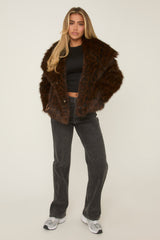 Brown Leopard Print Faux Fur Cropped Coat - Dania