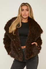 Brown Leopard Print Faux Fur Cropped Coat - Dania