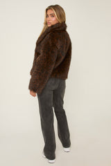 Brown Leopard Print Faux Fur Cropped Coat - Dania