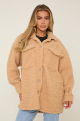 Camel Sherpa Oversized Longline Long Sleeves Shacket - Agnes