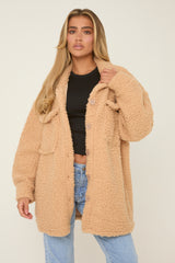 Camel Sherpa Oversized Longline Long Sleeves Shacket - Agnes