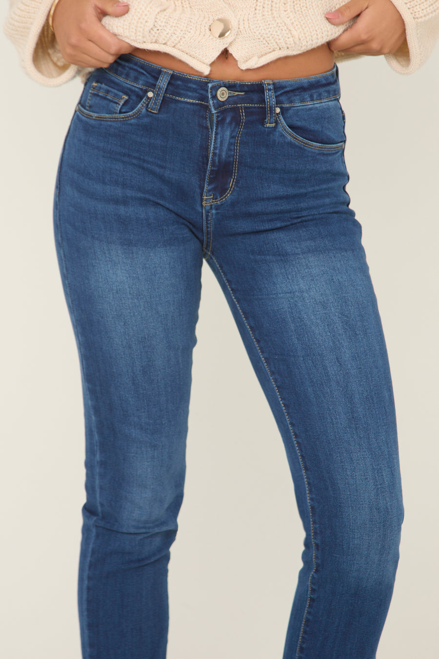 Mid Blue Stretch Turn Up Hem Straight Leg Jeans - Roy