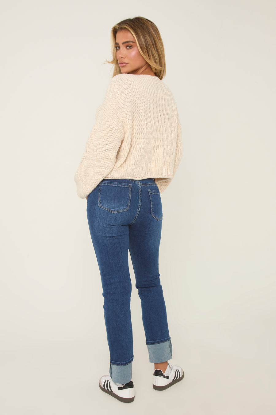 Mid Blue Stretch Turn Up Hem Straight Leg Jeans - Roy