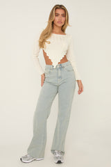 Washed Blue Stretch Frayed Hem Jeans - Scarlett