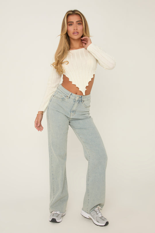 Washed Blue Stretch Frayed Hem Jeans - Scarlett