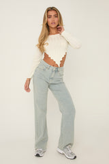 Washed Blue Stretch Frayed Hem Jeans - Scarlett