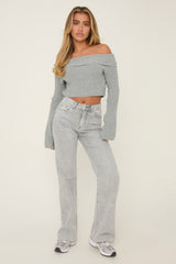 Light Grey Stretch Straight Leg Frayed Hem Jeans - Scarlett