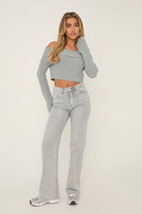 Light Grey Stretch Straight Leg Frayed Hem Jeans - Scarlett
