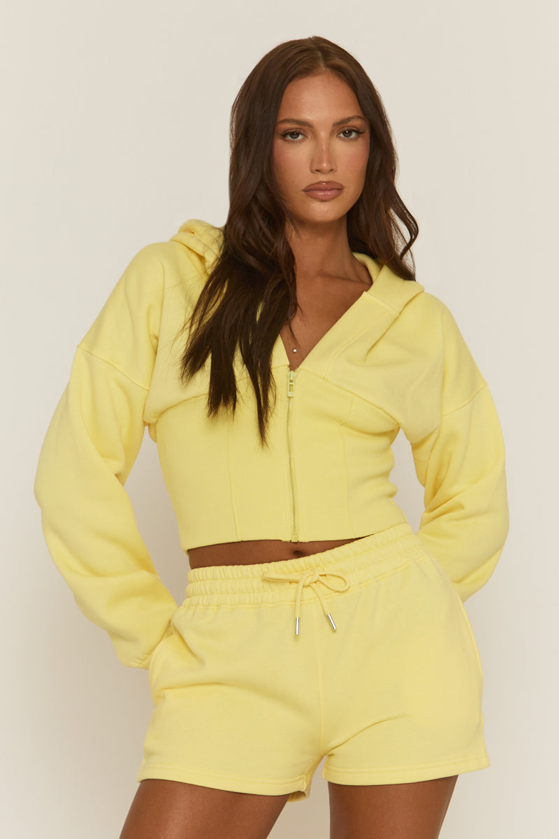 Yellow Cinched Waist Hoodie and Short Lounge Co-ord Set - Ana