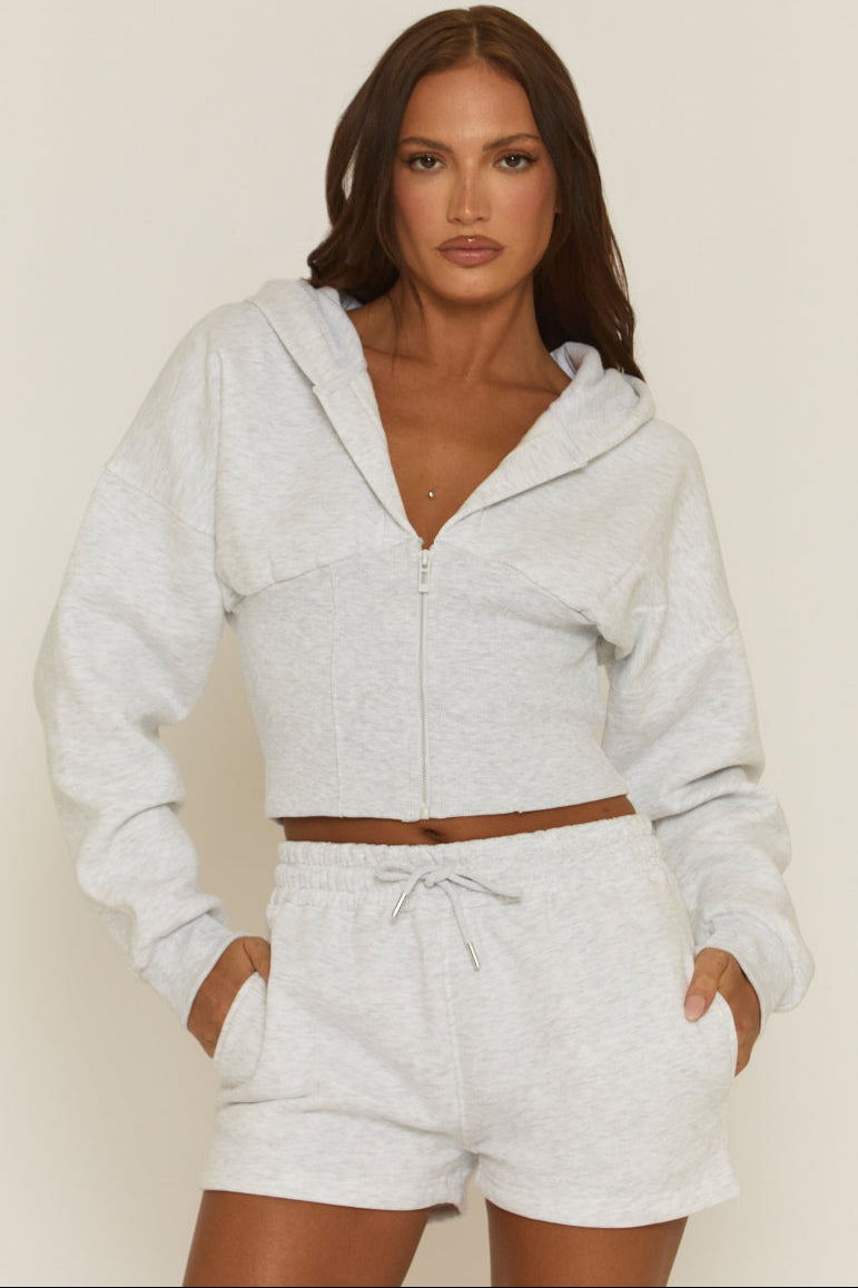 Light Grey Cinched Waist Hoodie and Short Lounge Co-ord Set - Ana