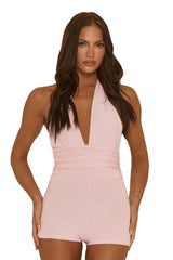 Pink Halter Neck Plunge Tie Back Playsuit - Florine