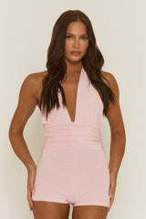 Pink Halter Neck Plunge Tie Back Playsuit - Florine