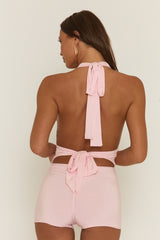 Pink Halter Neck Plunge Tie Back Playsuit - Florine