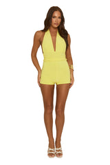 Yellow Halter Neck Plunge Tie Back Playsuit - Florine